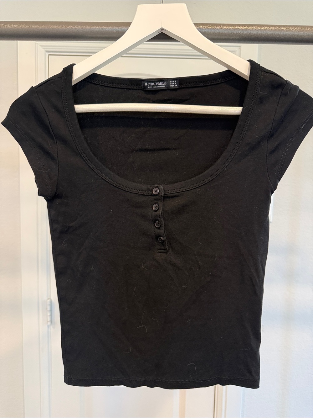 stradivarius Black Short-Sleeve Henley Crop Top